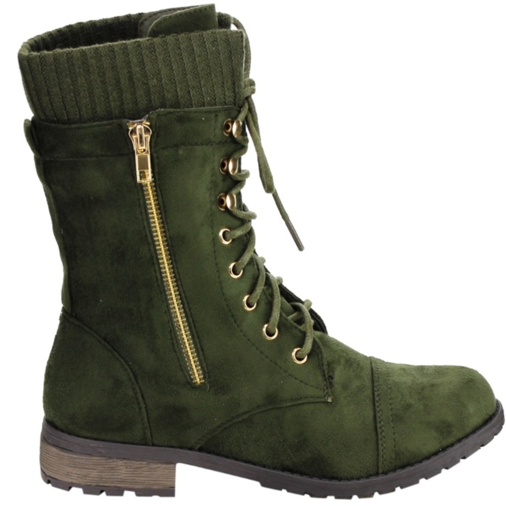 FOREVER Lace Up Sweater Collar Olive Boots